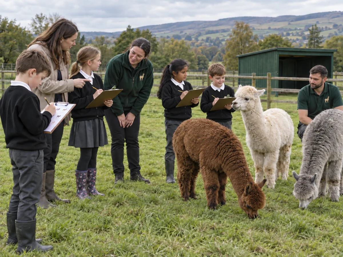 Pupils with clipboards observing three alpacas in a paddock, supported by staff