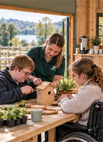 A staff member helping a young man and a young woman in a wheelchair build a wooden bird box beside trays of seedlings
