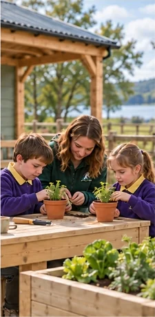 A staff member helping two pupils pot seedlings at a wooden bench beside raised beds