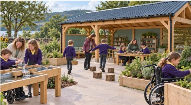 Design concept of a covered timber outdoor classroom where pupils pour water at a play table, cross stepping logs and work at tables, with raised beds and step-free paths for a pupil in a wheelchair