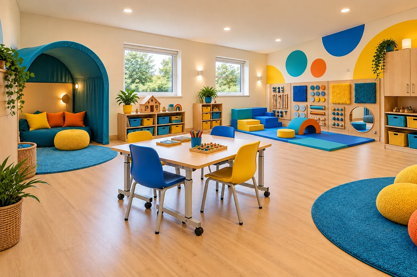 Design concept of a bright sensory play room with a cosy den, soft-play steps and a tunnel, a tactile sensory wall and a low table with blue and yellow chairs