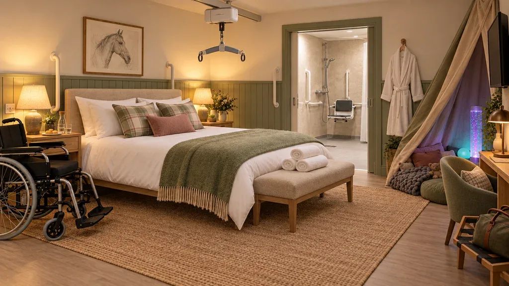 Design concept of an accessible farmhouse-style bedroom with a double bed, ceiling hoist, grab rails and a wheelchair, a wet room with a fold-down shower seat, and a sensory den with a bubble tube and soft lighting